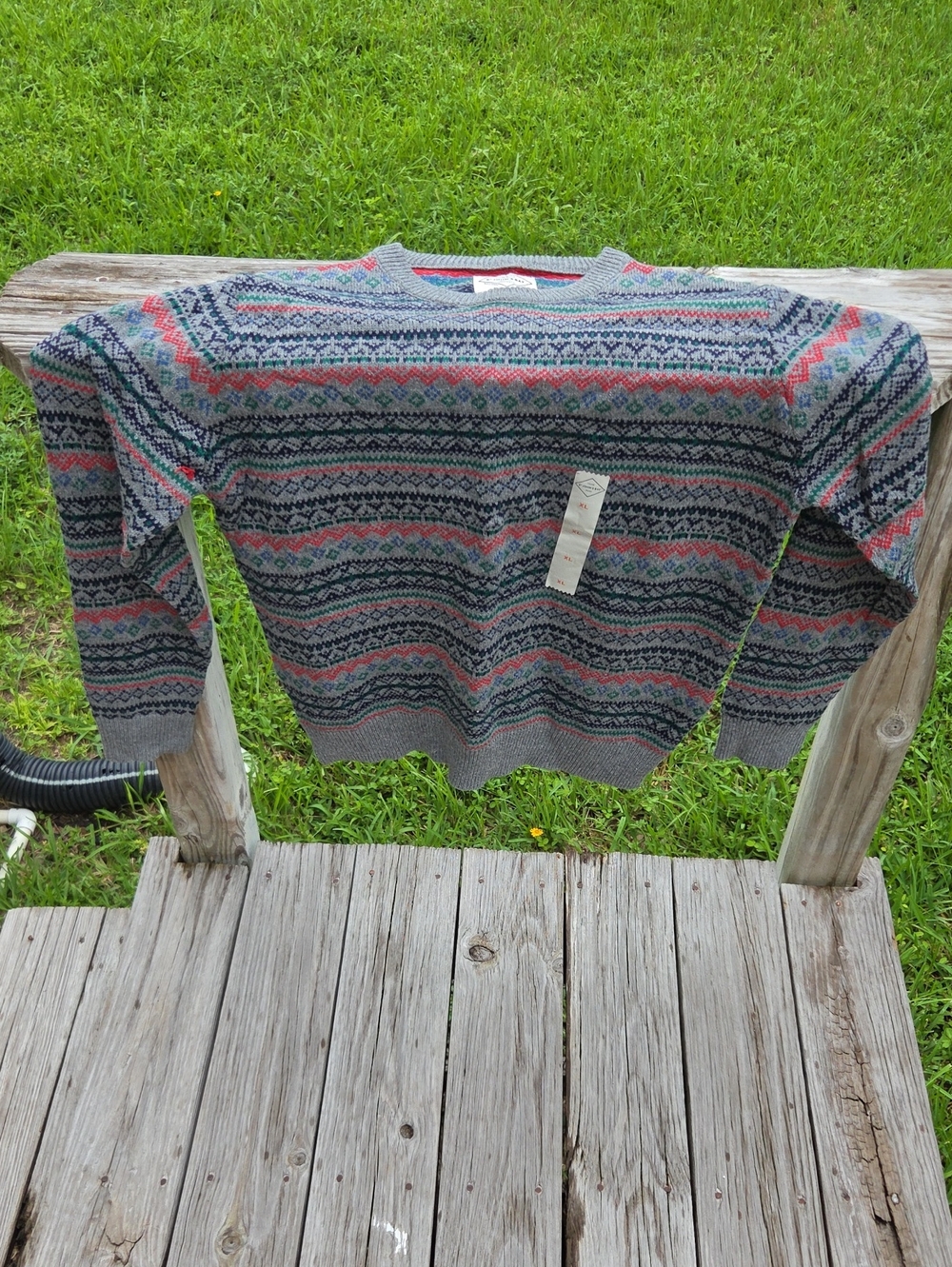 St. John's Bay Gray Crewneck Sweater with Coral & Navy Fair Isle